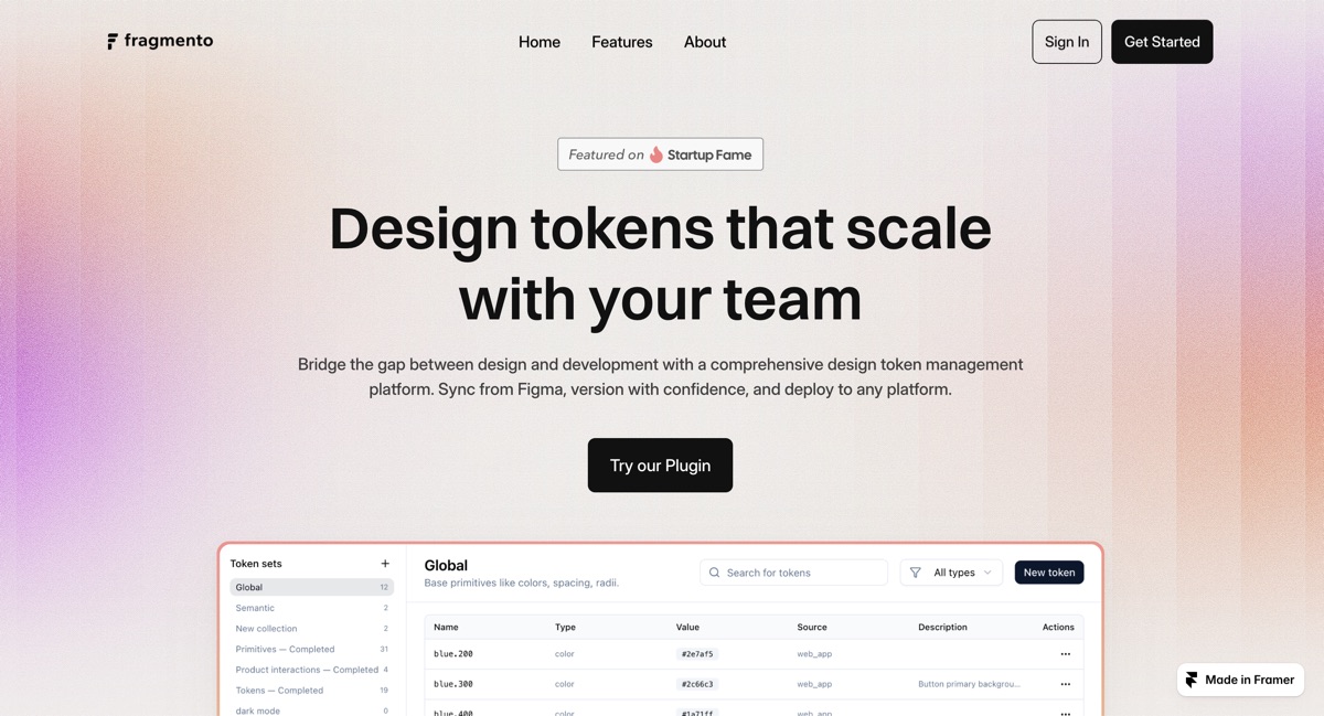 Fragmento dashboard — design token management